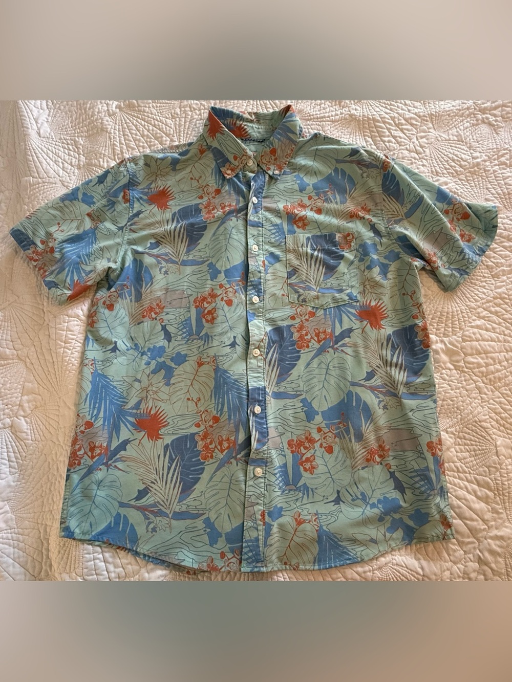 Huk Light Green Short-Sleeve Button-Down with Blue and Orange Floral Print